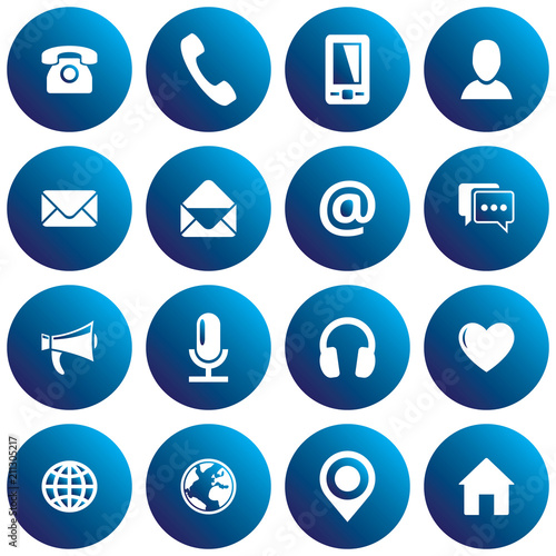 Blue spherical communication icon set. Vector images for business, mobile, web: phone, mobile, profile, mail, envelope, location, web, chat, microphone, headphones, megaphone, home