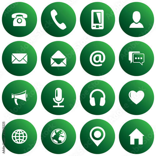 Green spherical communication icon set. Vector images for business, mobile, web: phone, mobile, profile, mail, envelope, location, web, chat, microphone, headphones, megaphone, home