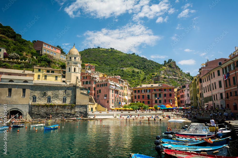 Horizontal View of Boats Moored in the Bay of Vernazza at Summer