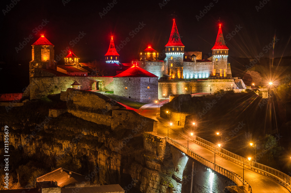 Fortress in Kamenets-Podolsky with evening lights