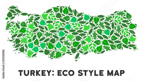 Ecology Turkey map composition of herbal leaves in green color hues. Ecological environment vector concept. Turkey map is done with green herbal elements. Abstract territorial scheme.