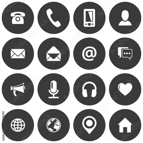 Flat grey spherical communication icon set. Vector images for business, mobile, web: phone, mobile, profile, mail, envelope, location, web, chat, microphone, headphones, megaphone, home