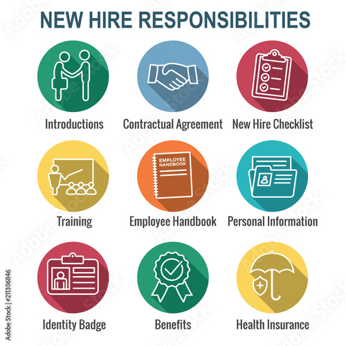 New Employee Hiring Process icon set   w checklist, handshake, training, etc