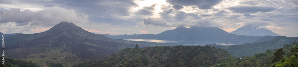 Scenic view on Batur and Agung volcanoes in the morning after sunrise, Bali, Indonesia