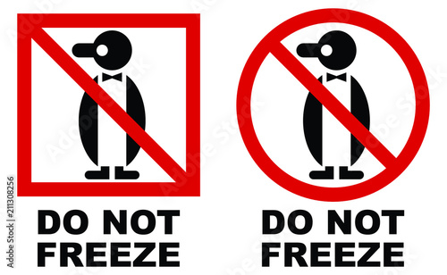 Do not freeze symbol. Red crossed penguin drawing with text under. Square and circle version.