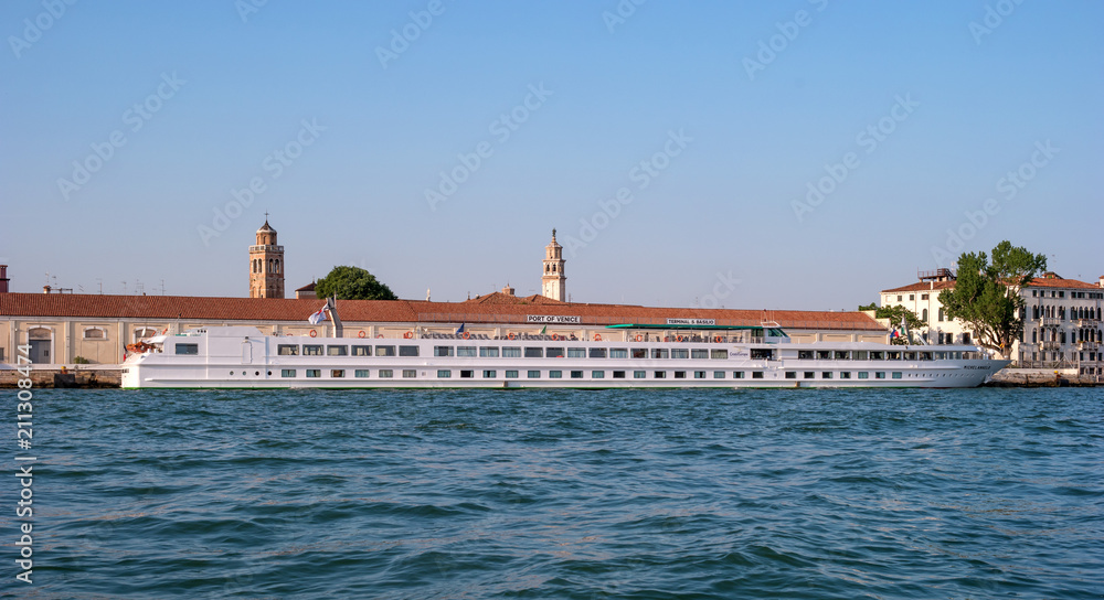 Port of Venice with the terminal S. Basilio. River Cruise Ship Michelangelo by Croisi Europe in Venice