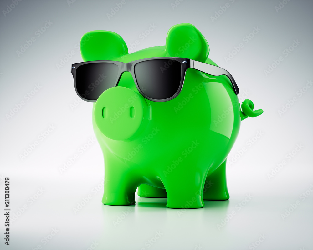 Grünes Sparschwein mit Sonnenbrille Stock Illustration | Adobe Stock