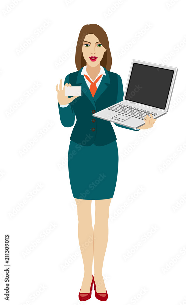 Businesswoman holding a laptop notebook and showing a business card Businesswoman holding a laptop notebook and showing a business card
