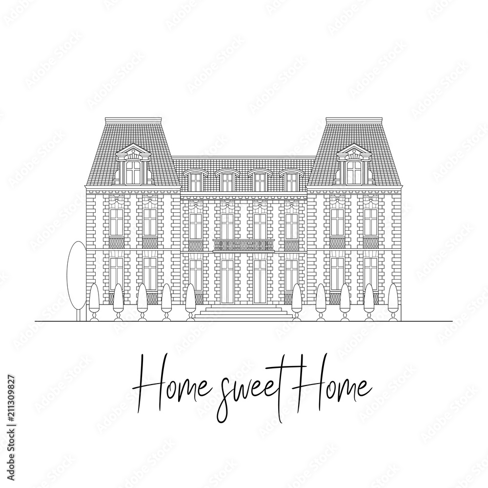 Lettering composition Home sweet home! Vector retro black and white vintage  isolated illustration on wight background