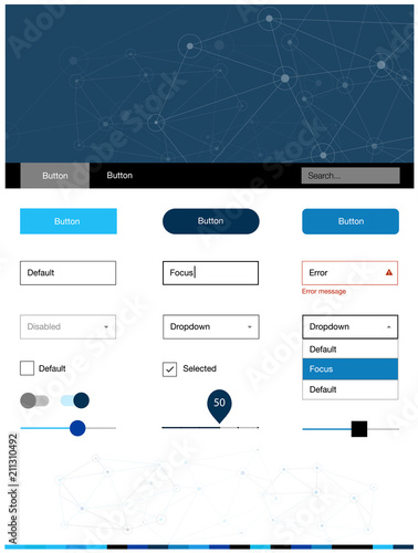 Dark BLUE vector web ui kit in polygonal style with circles.