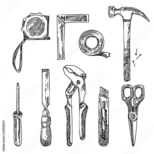 Set of tools. Sketch. Engraving style. Vector illustration.