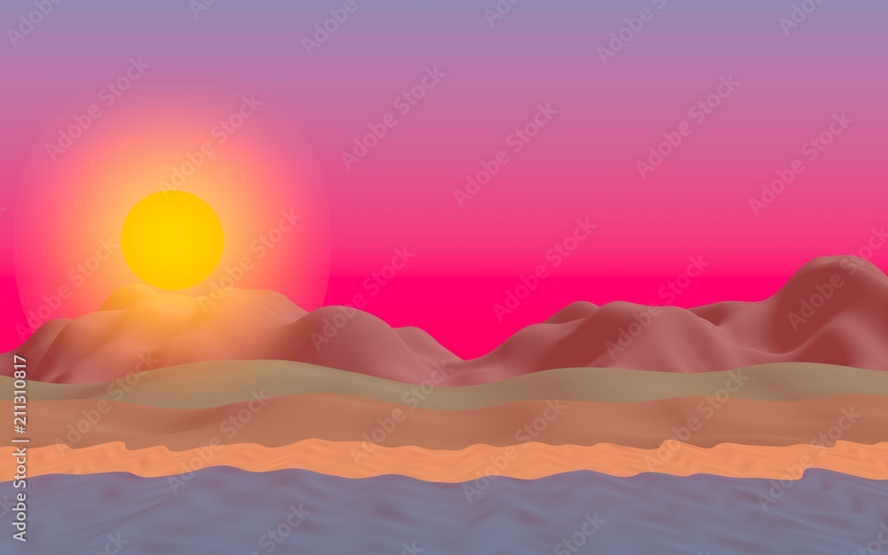 Sun Sea Beach. Sunset. Ocean shore line with waves on a beach. Island beach paradise with waves. Vacation, summer, relaxation. Seascape, seashore. Minimalist landscape, primitivism. 3D illustration Sun Sea Beach. Sunset. Ocean shore line with waves on a beach. Island beach paradise with waves. Vacation, summer, relaxation. Seascape, seashore. Minimalist landscape, primitivism. 3D illustration