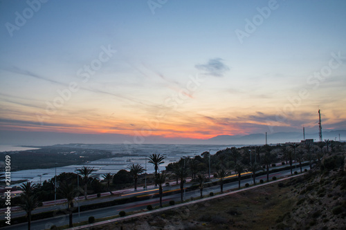 Atardecer sobre la carretera y el mar de plástico, Almerimar, Almería,, Andalucia, España 2