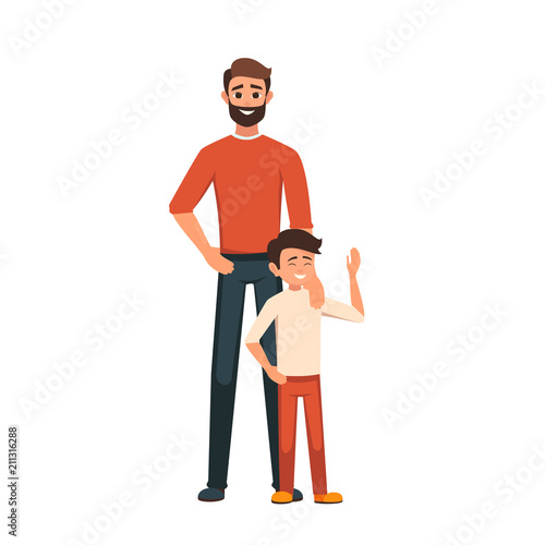 Happy Father's Day. Dad with his son standing.the parent put his hand on his son's shoulder. Tenderness and care