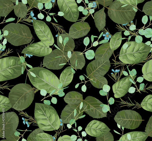 Vector pattern of floral background for print, fabrics, wallpaper, greeting cards, invitation cards and others. Green leaves of roses, blue wax flowers and twigs of eucalyptus