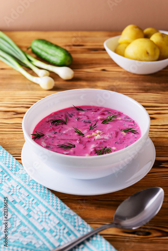 Traditional Russian cold beetroot soup holodnik