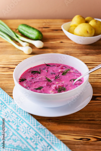 Traditional Russian cold beetroot soup holodnik