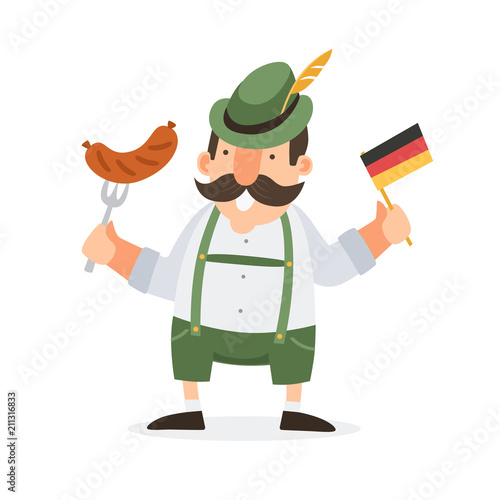 Happy bavarian smiling man in folk costume with sausage and german flag. Vector illustration.