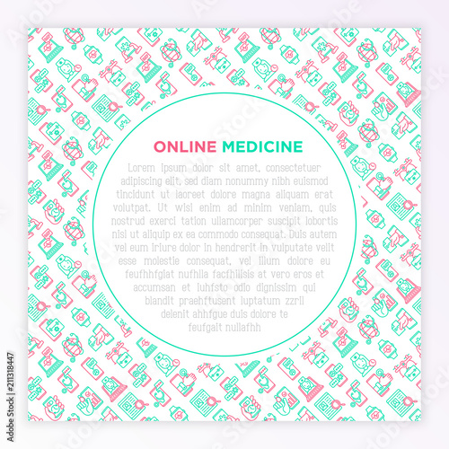 Online medicine, telemedicine concept with thin line icons: pill timer, ambulance online, medical drone, tracker, mHealth, messenger, check symptomps. Modern vector illustration, print media template.