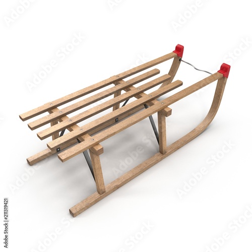 Wooden Sled on white. 3D illustration