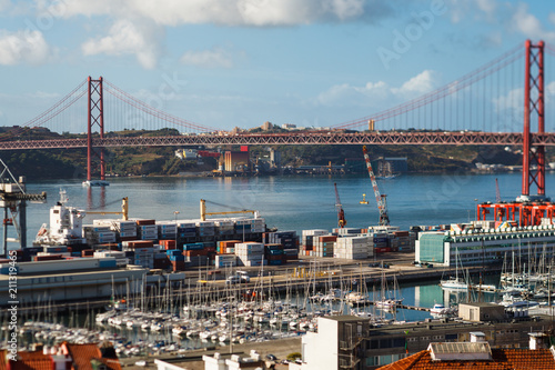 25 th April Bridge connecting Lisbon to municipality of Almada, Tejo river