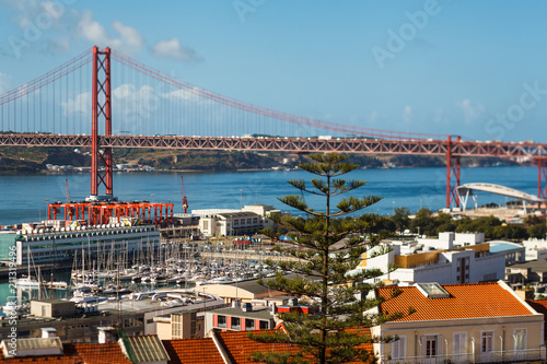 25 th April Bridge connecting Lisbon to municipality of Almada, Tejo river