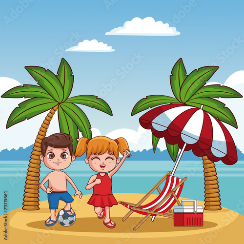Cute kids playing beach summer cartoon vector illustration graphic design