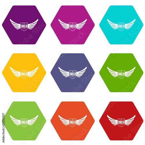 Shield wing icons 9 set coloful isolated on white for web