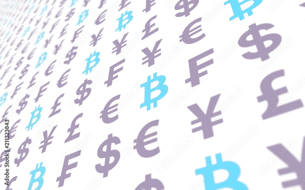 Bitcoin and currency on a white background. Digital Cryptocurrency symbol. Business concept. Market Display. 3D illustration Bitcoin and currency on a white background. Digital Cryptocurrency symbol. Business concept. Market Display. 3D illustration