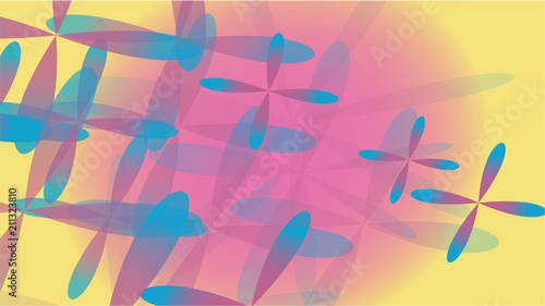 Texture of transparent yellow abstract volumetric fashionable magic of different shapes of light air cosmic four-leafed flowers on a purple background and copy space. Vector illustration.