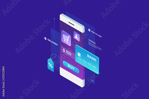 Concept of Internet payment, mobile purchase. Online shopping. Isometric image of phone, Bank card and discount label on blue background. 3d flat design. Vector illustration.