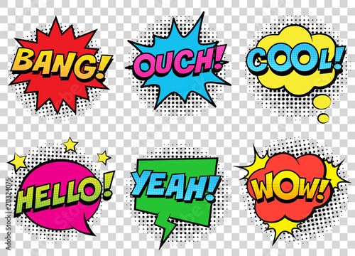 Retro comic speech bubbles set on transparent background. Expression text BANG, COOL, OUCH, HELLO, YEAH, WOW. Vector illustration, vintage design, pop art style.