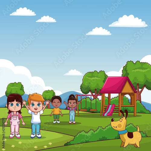 Cute kids playing at park cartoons vector illustration graphic design