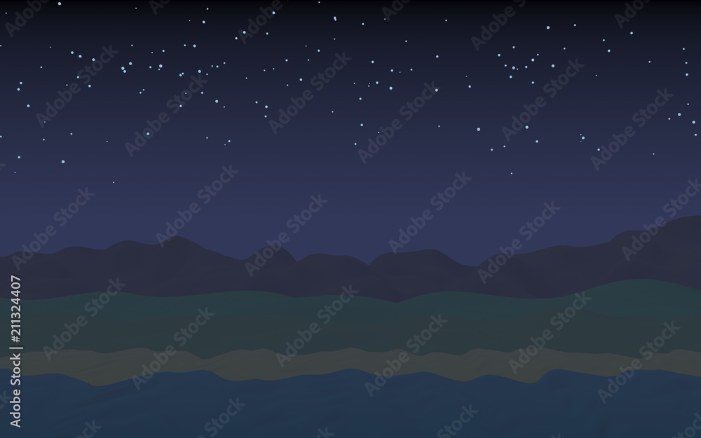 Fototapeta premium Starry moonless sky. Ocean shore line with waves on a beach. Island beach paradise with waves. Vacation, summer, relaxation. Seascape, seashore. Minimalist landscape, primitivism. 3D illustration