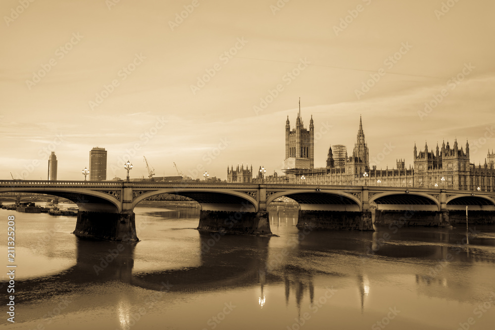 Vintage picture of The House of Parliament and Westminster Bridge in London, England