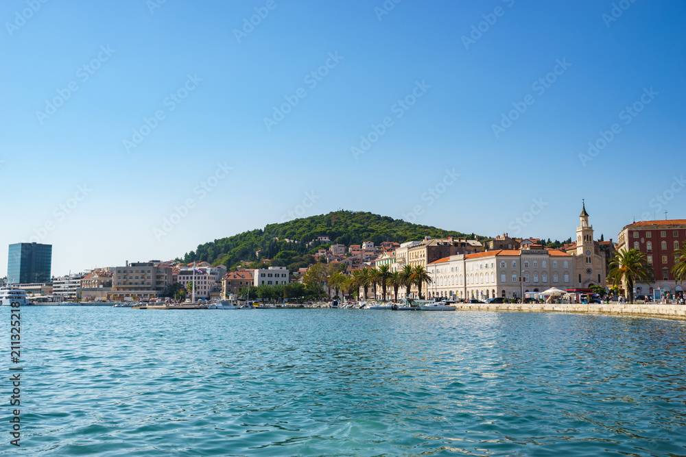 Waterfront skyline view on Split town in Croatia with Marjan park in the background