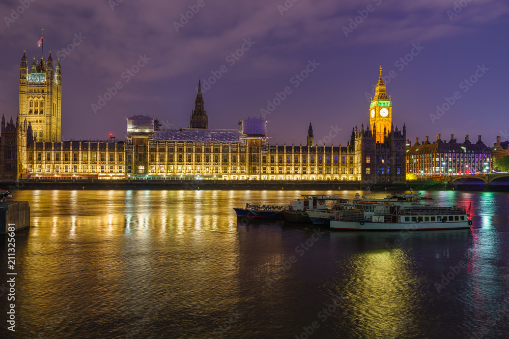 Big Ben and Westminster Parliament at night in London, UK