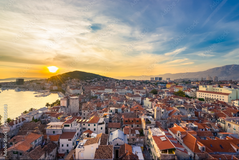 Aerial view of Split old town at sunset, Dalmatia, Croatia