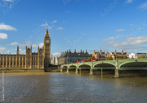 The Palace of Westminster and Big Ben at sunny day in London  England  UK