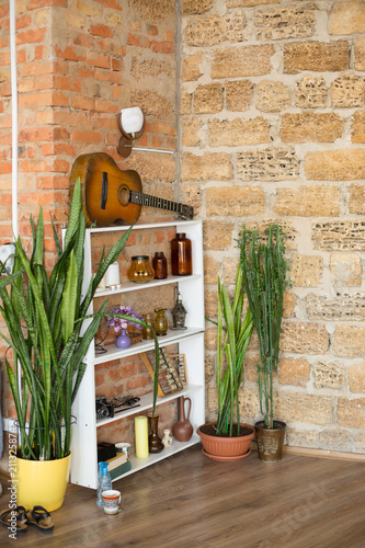 the background texture is Sandstone. Sandstone wall. brick Sandstone. shell rock brick wall. potted flowers on the floor. bookshelf with little things. interior conaty. guitar on the shelf photo