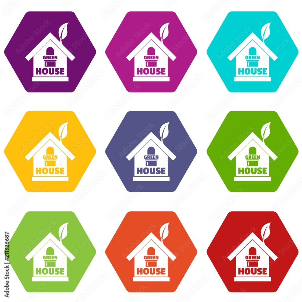 Green house icons 9 set coloful isolated on white for web Green house icons 9 set coloful isolated on white for web