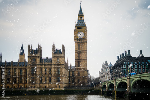 Big Ben and Westminster on a cold winter day with falling snow, London, United Kingdom