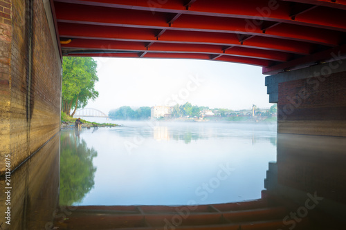 Foggy morning view from under the Old Town bridge in Gorzow Wielkopolski. Poland
