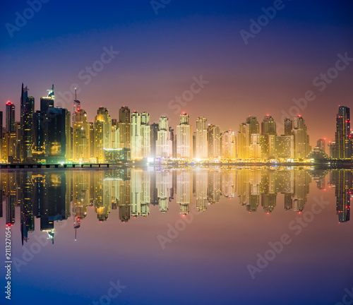 Skyscrapers at Dubai marina with reflection  UAE
