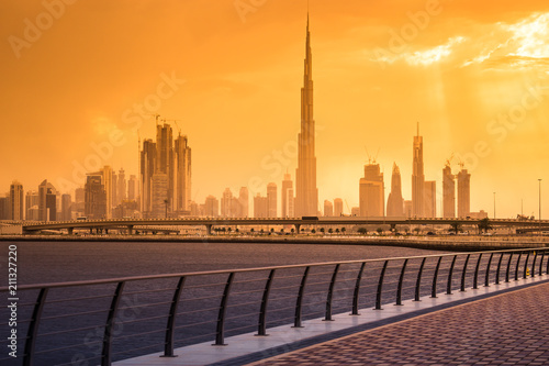 Skyline panorama of Dubai city at sunset, UAE 