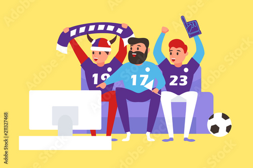 football fans watch the match on TV. vector cartoon illustration