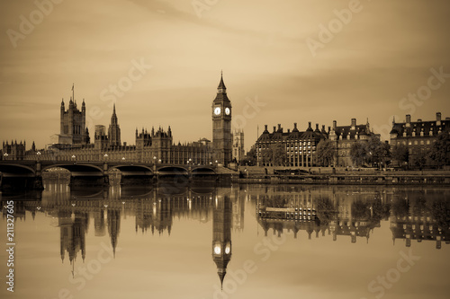 Vintage picture of London Big Ben and House of Parliament with reflection in London. England