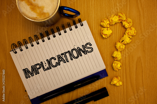 Handwriting text Implications. Concept meaning Conclusion State of being involved Suggestion Insinuation Hint Ideas grunge notebook coffee cup crumpled papers equal sign wooden wood.
