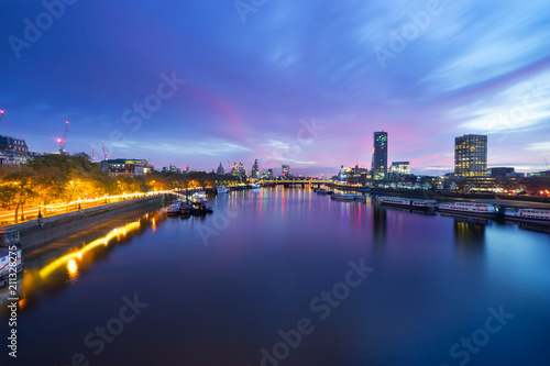 London skyline panorama at sunrise seen across river thames. England