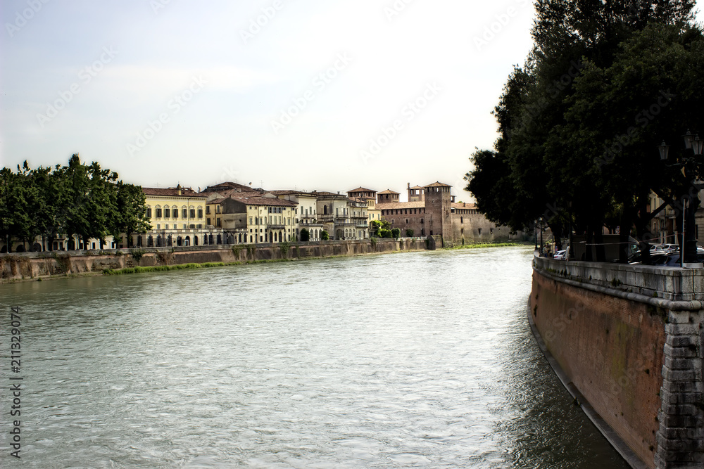 Landscape of Riverside in Verona, Italy. Summer Day time